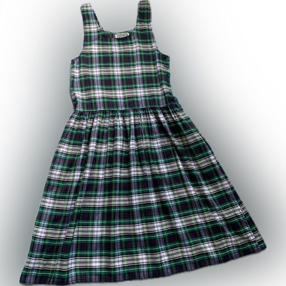 Adult "school uniform" plaid blue green white drop waist jumper dress. RARE